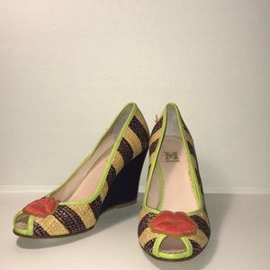 Missoni Yellow, Brown & Lime Wedge Sandals with Red Accent